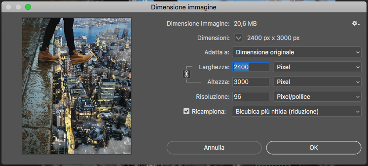 Finestra di dialogo Dimensione immagine di Photoshop